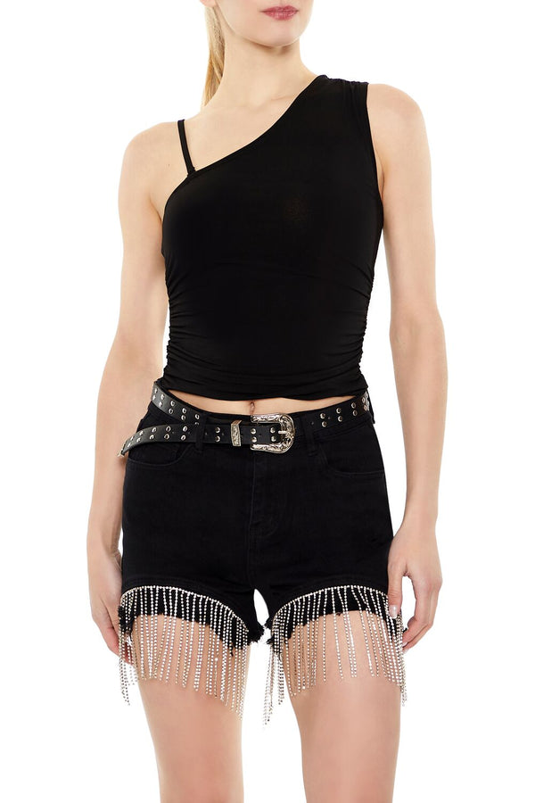 Forever21 Rhinestone Fringe Denim Shorts BLACK