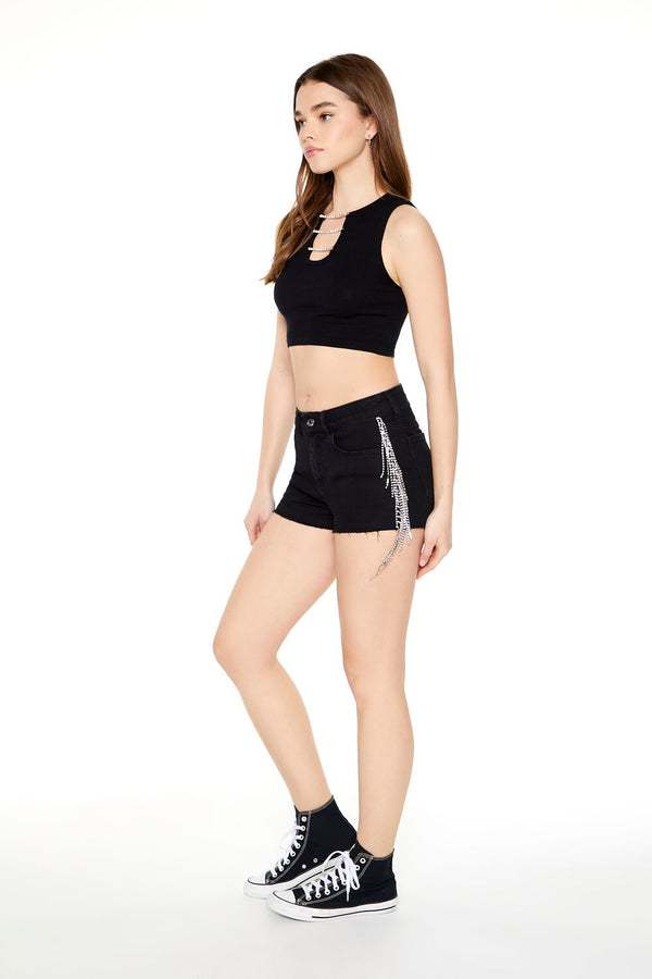 Forever21 Rhinestone Fringe Denim Shorts BLACK