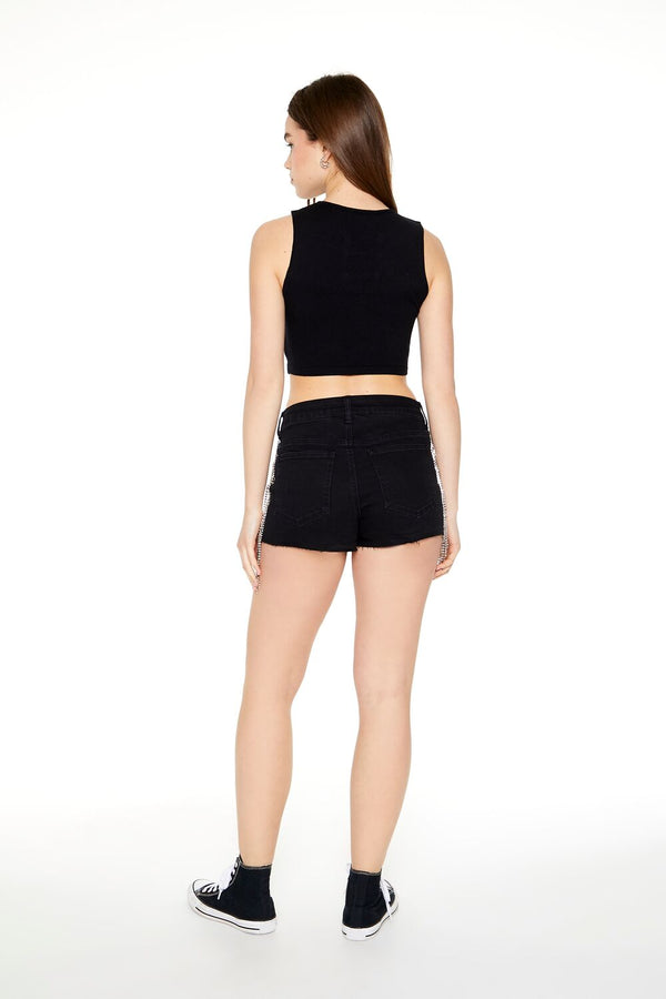 Forever21 Rhinestone Fringe Denim Shorts BLACK