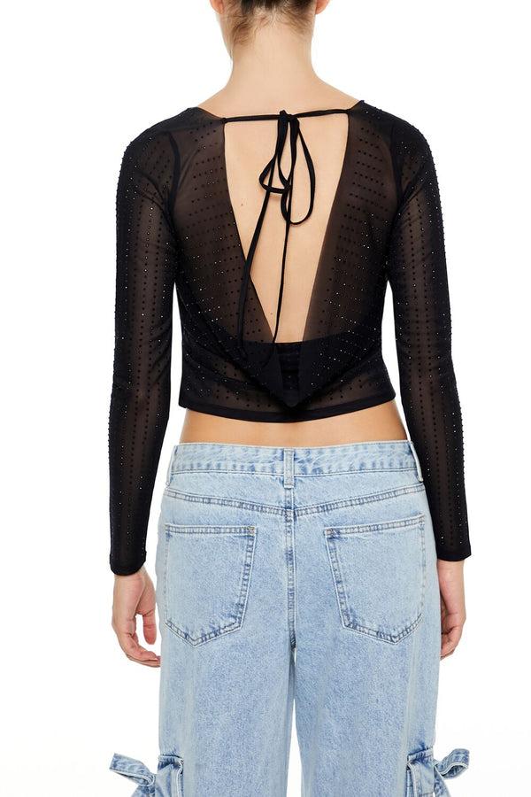 Forever21 Rhinestone Plunge-Back Crop Top Black