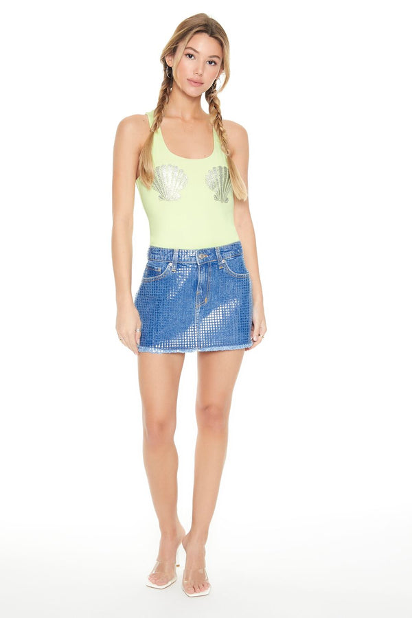 Forever21 Rhinestone Seashell Bodysuit GREEN/MULTI