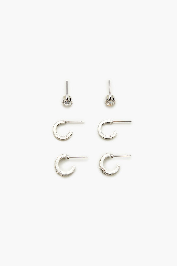 Forever21 Rhinestone Stud & Hoop Earring Set SILVER