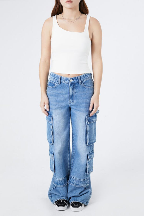 Forever21 Ribbed Asymmetrical Tank Top WHITE