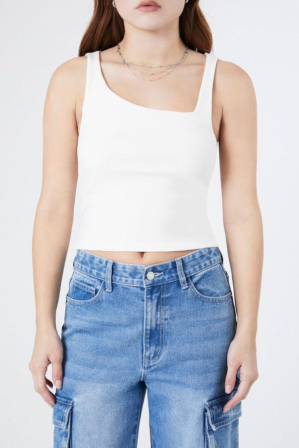 Forever21 Ribbed Asymmetrical Tank Top WHITE