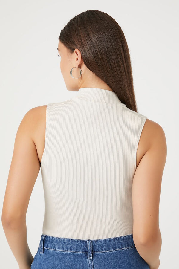 Forever21 Ribbed Half-Zip Bodysuit BIRCH