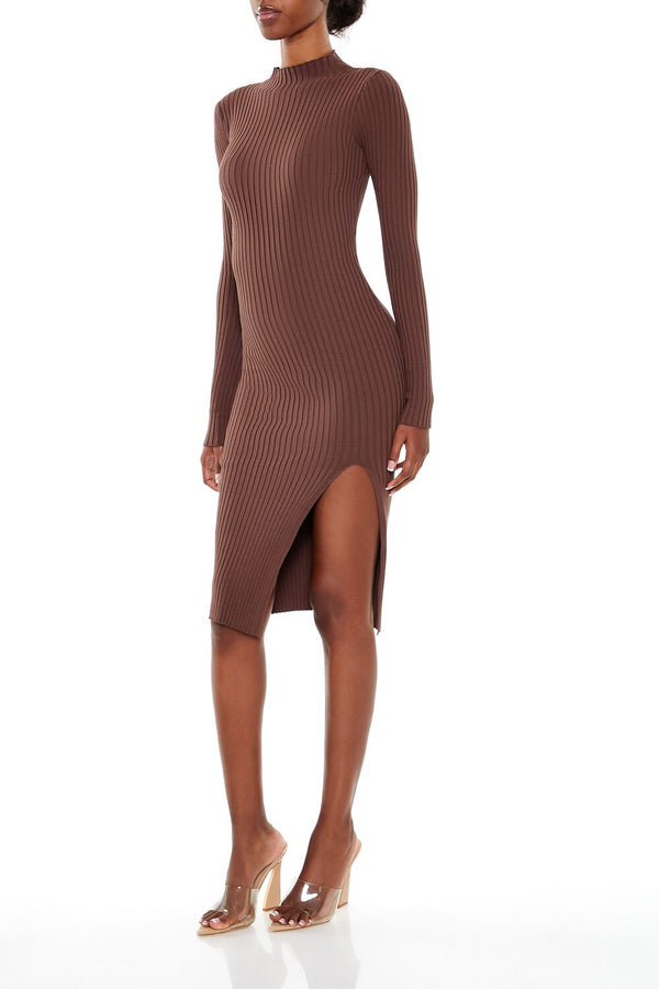 Forever21 Ribbed Knit Midi Sweater Dress WALNUT
