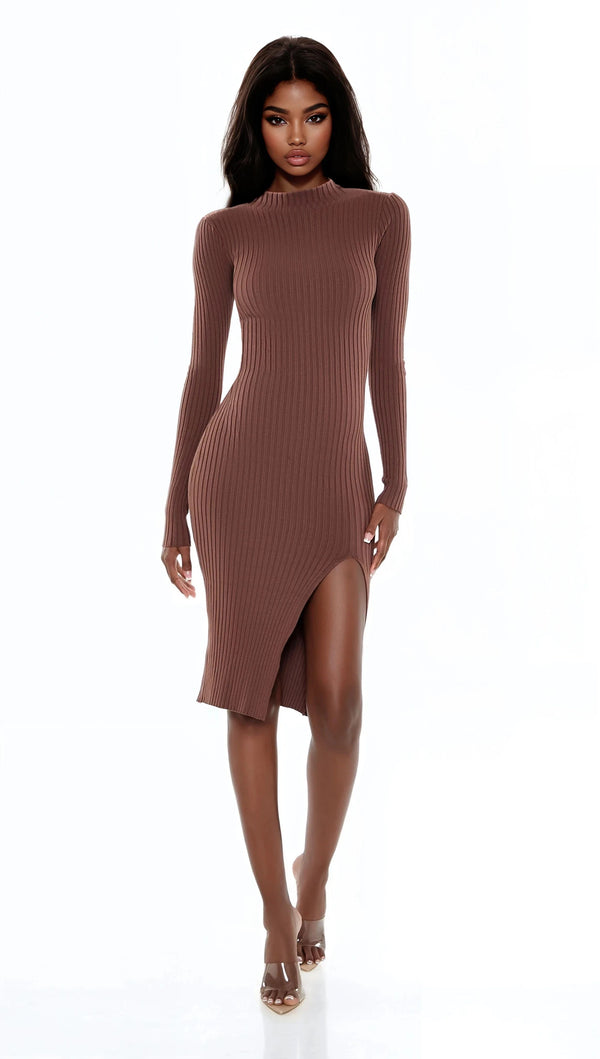 Forever21 Ribbed Knit Midi Sweater Dress WALNUT