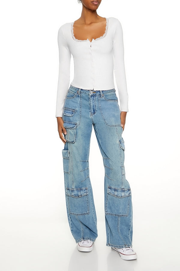Forever21 Ribbed Lace-Trim Top WHITE