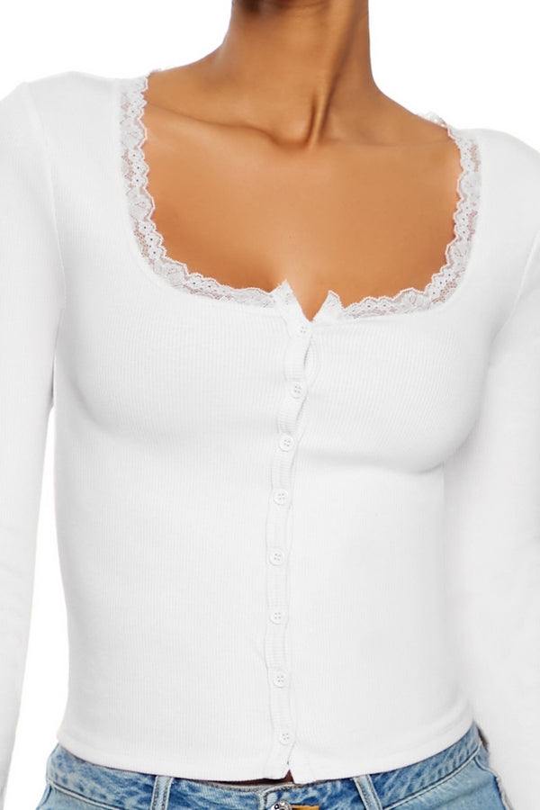 Forever21 Ribbed Lace-Trim Top WHITE