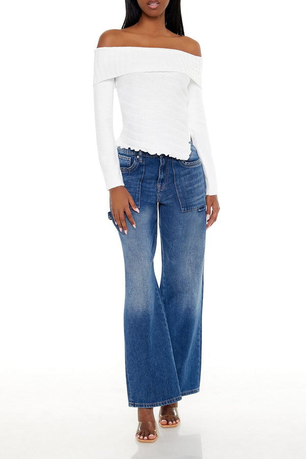 Forever21 Ribbed Off-the-Shoulder Sweater WHITE