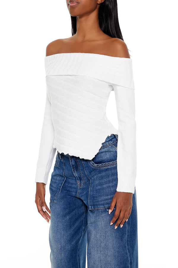 Forever21 Ribbed Off-the-Shoulder Sweater WHITE