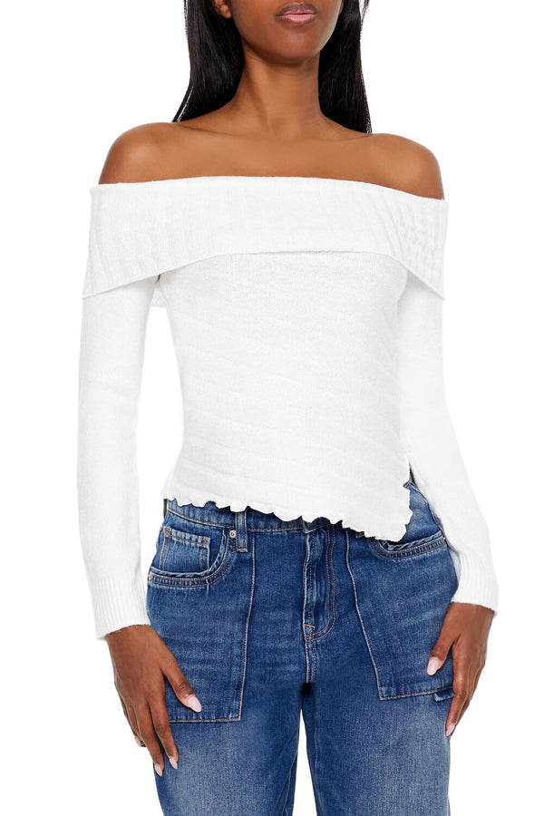 Forever21 Ribbed Off-the-Shoulder Sweater WHITE
