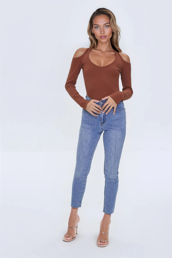 Forever21 Ribbed Open-Shoulder Top BROWN