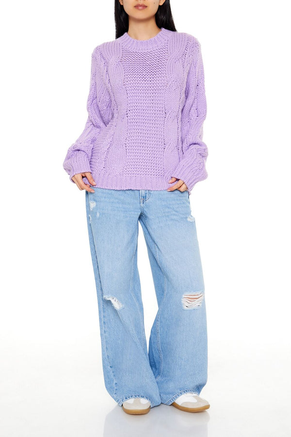 Forever21 Ribbed-Trim Cable Knit Sweater PURPLE