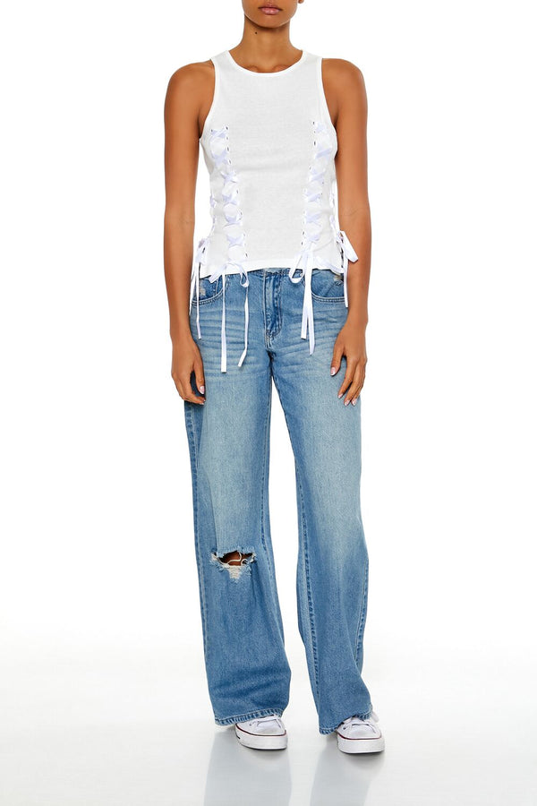 Forever21 Ribbon Lace-Up Tank Top WHITE