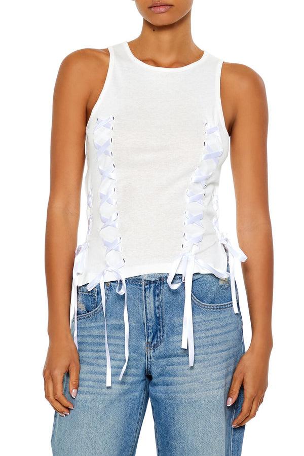 Forever21 Ribbon Lace-Up Tank Top WHITE