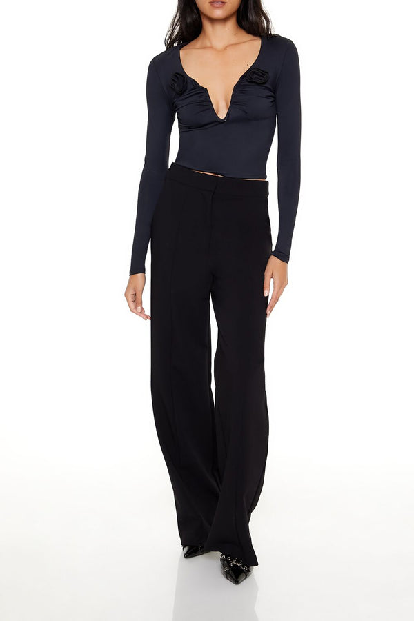 Forever21 Rosette Long-Sleeve Crop Top BLACK