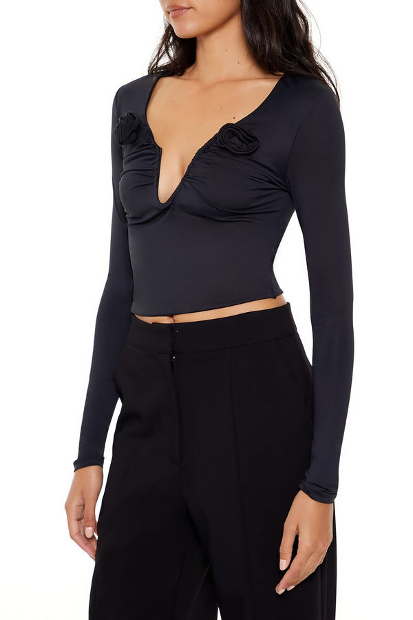 Forever21 Rosette Long-Sleeve Crop Top BLACK