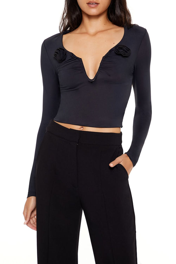 Forever21 Rosette Long-Sleeve Crop Top BLACK