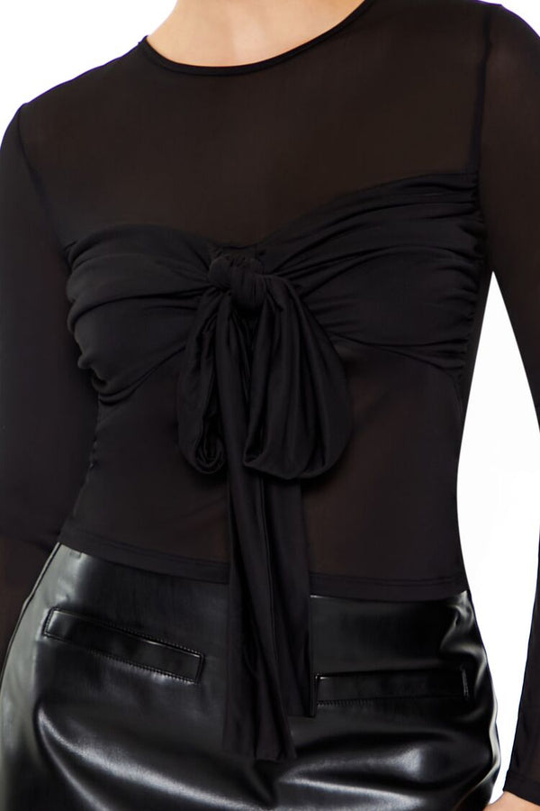 Forever21 Ruched Mesh Tie-Front Top BLACK