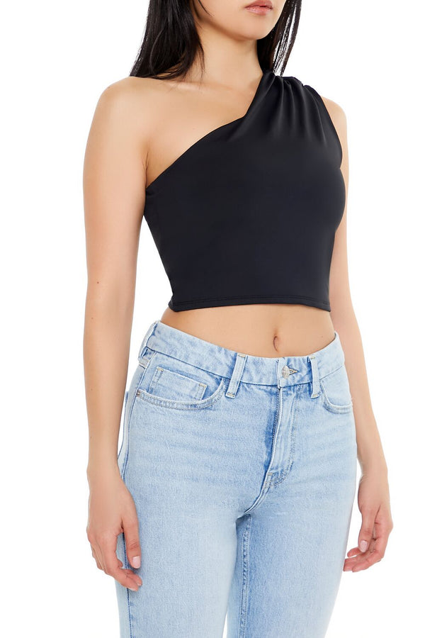 Forever21 Ruched One-Shoulder Crop Top BLACK