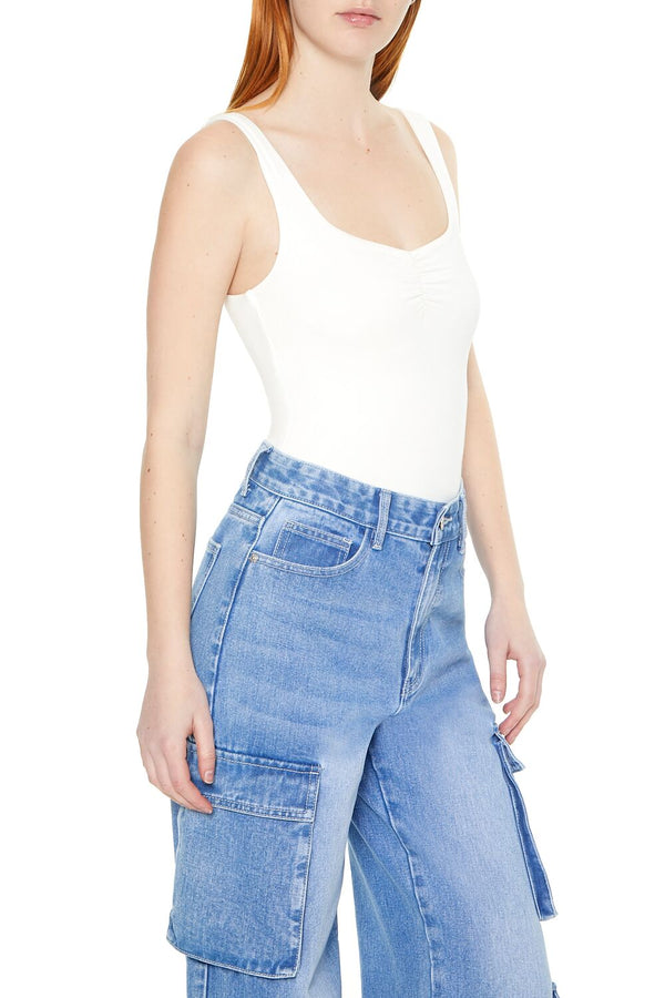 Forever21 Ruched Tank Bodysuit WHITE