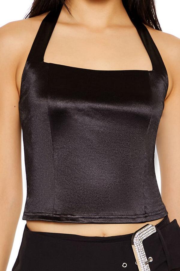 Forever21 Satin Halter Crop Top BLACK