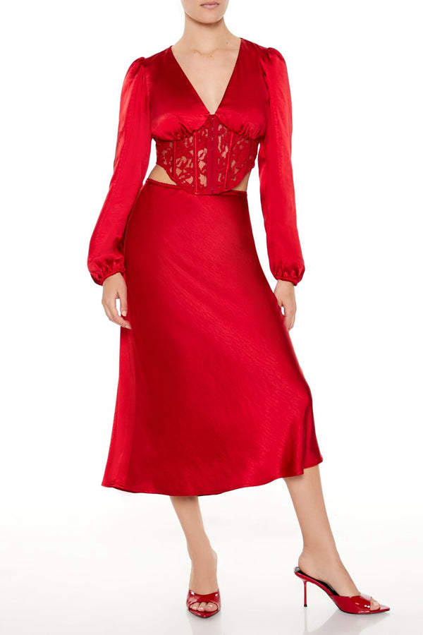 Forever21 Satin & Lace Corset Crop Top DARK RED