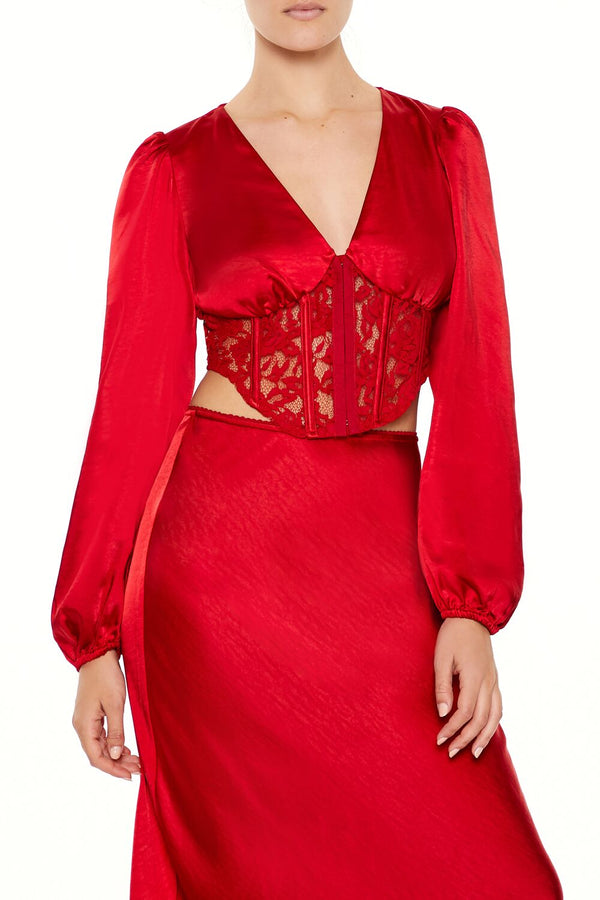 Forever21 Satin & Lace Corset Crop Top DARK RED