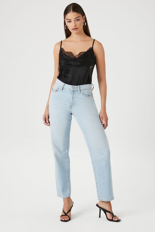 Forever21 Satin Lace-Trim Bodysuit BLACK