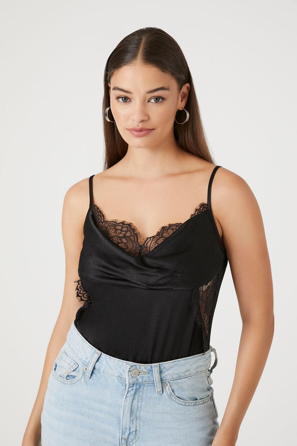 Forever21 Satin Lace-Trim Bodysuit BLACK