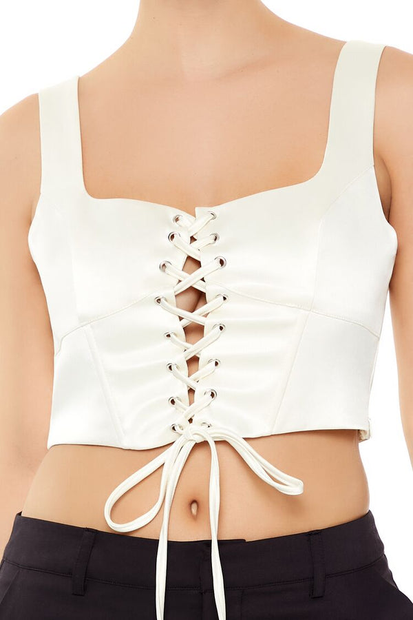 Forever21 Satin Lace-Up Crop Top EGRET