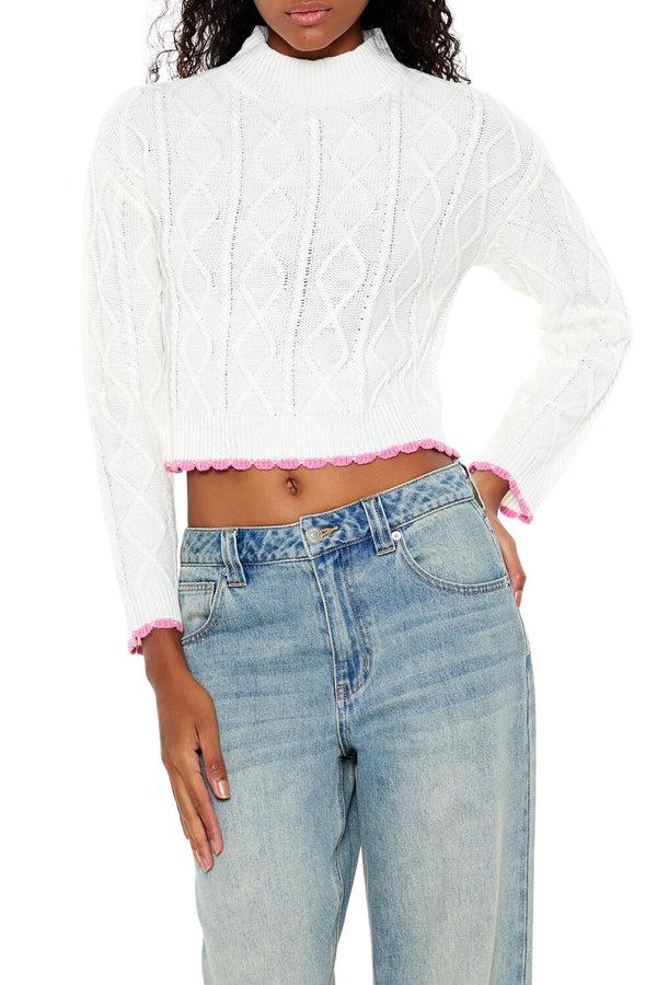 Forever21 Scalloped Cable Knit Sweater WHITE/PINK