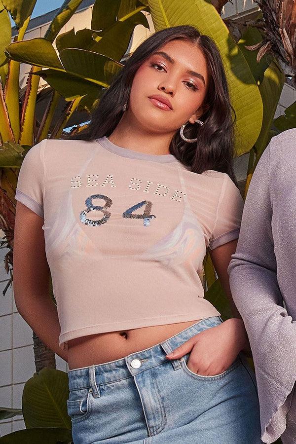 Forever21 Sea Side Sequin Ringer Tee PINK/WHITE