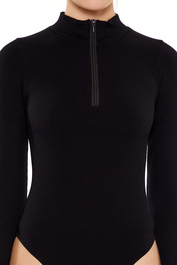 Forever21 Seamless Half-Zip Bodysuit BLACK