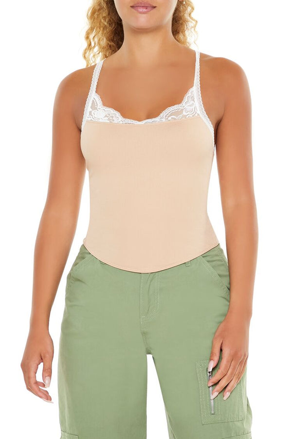 Forever21 Seamless Lace-Trim Cami ALMOND/WHITE