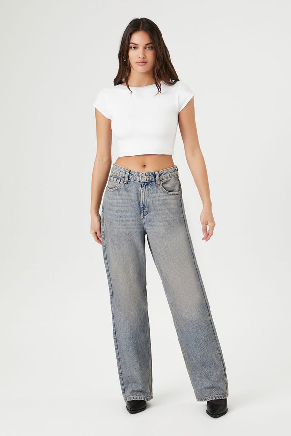 Forever21 Seamless Lace-Trim Cropped Tee WHITE