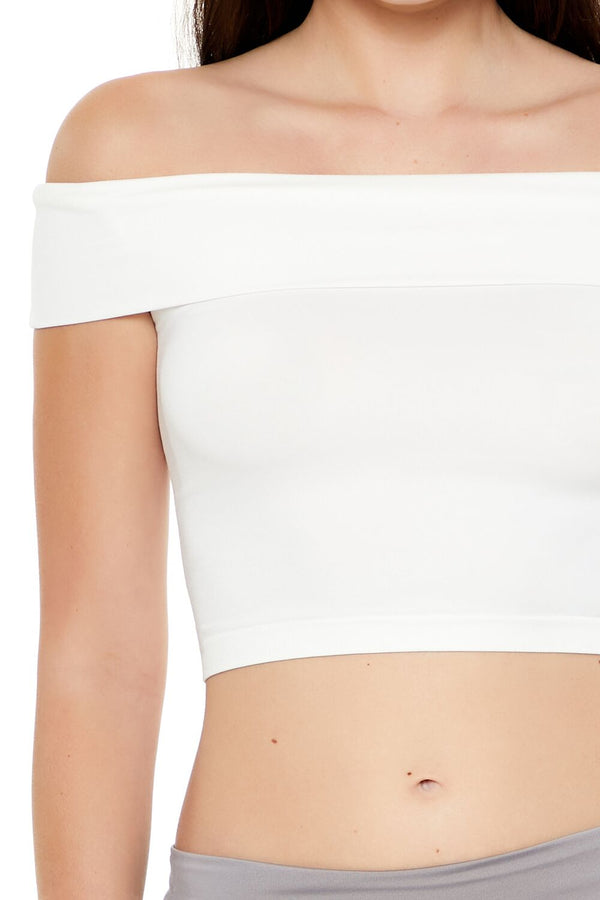 Forever21 Seamless Off-the-Shoulder Crop Top WHITE