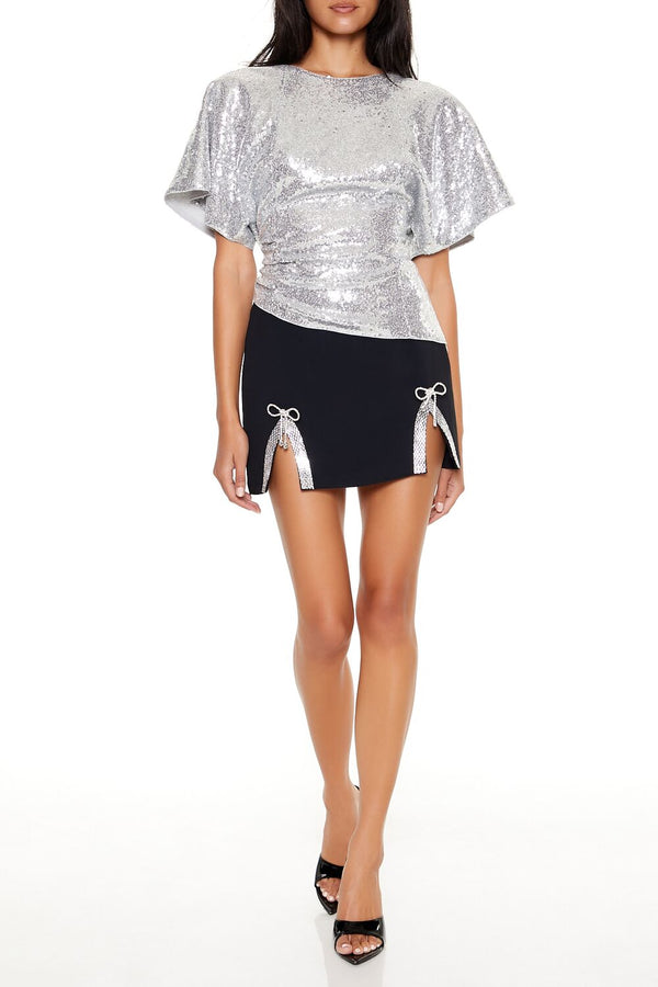Forever21 Sequin Butterfly-Sleeve Top SILVER
