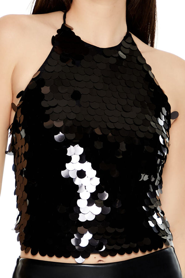 Forever21 Sequin Cropped Halter Top BLACK