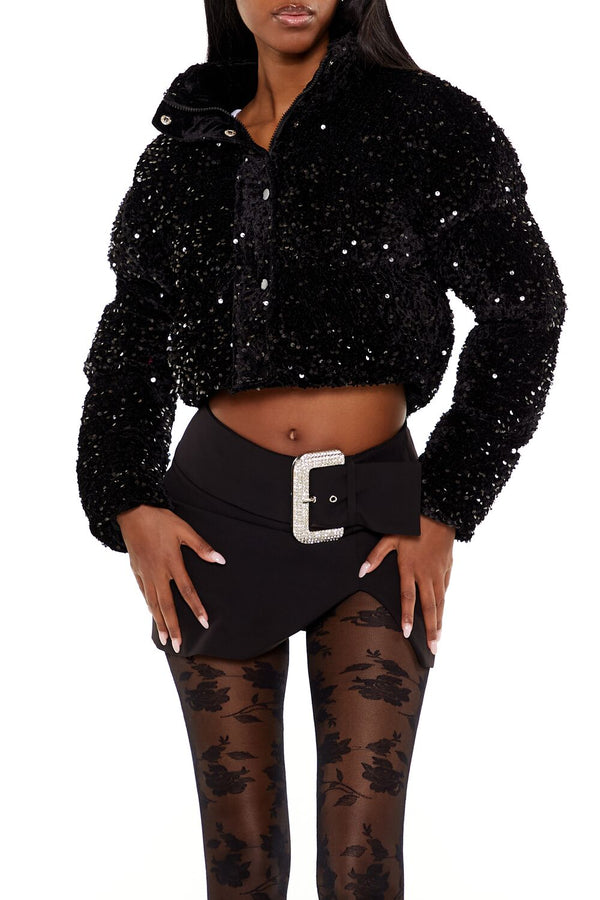 Forever21 Sequin Faux Fur Puffer Jacket BLACK