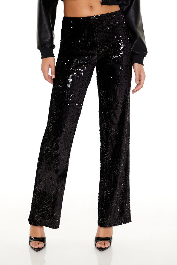 Forever21 Sequin High-Rise Straight Pants BLACK