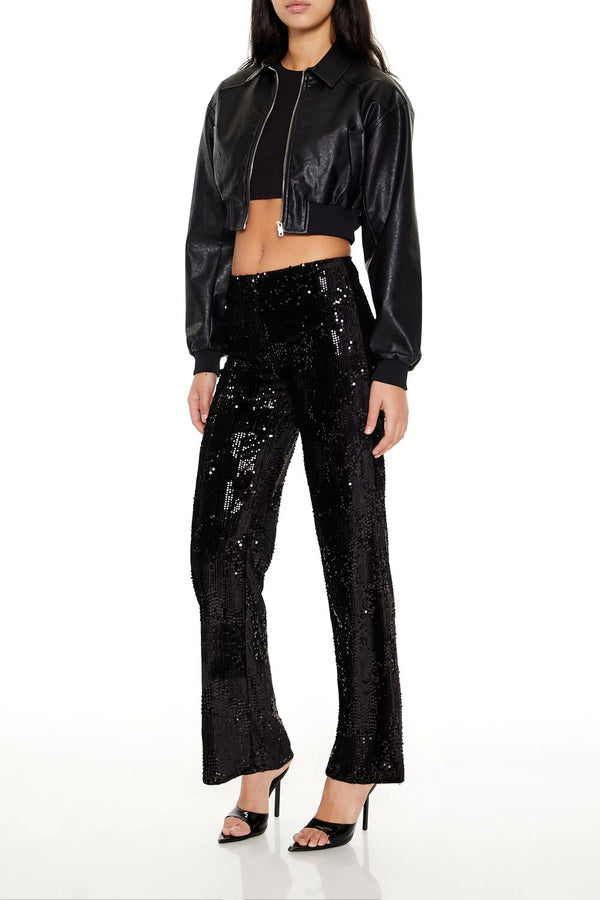 Forever21 Sequin High-Rise Straight Pants BLACK