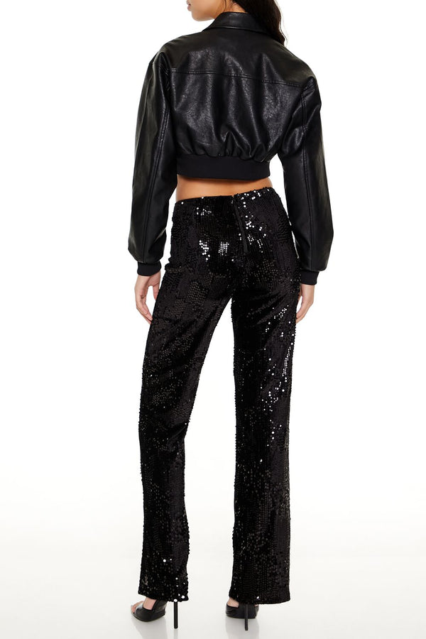 Forever21 Sequin High-Rise Straight Pants BLACK