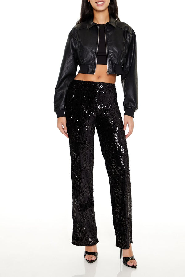 Forever21 Sequin High-Rise Straight Pants BLACK
