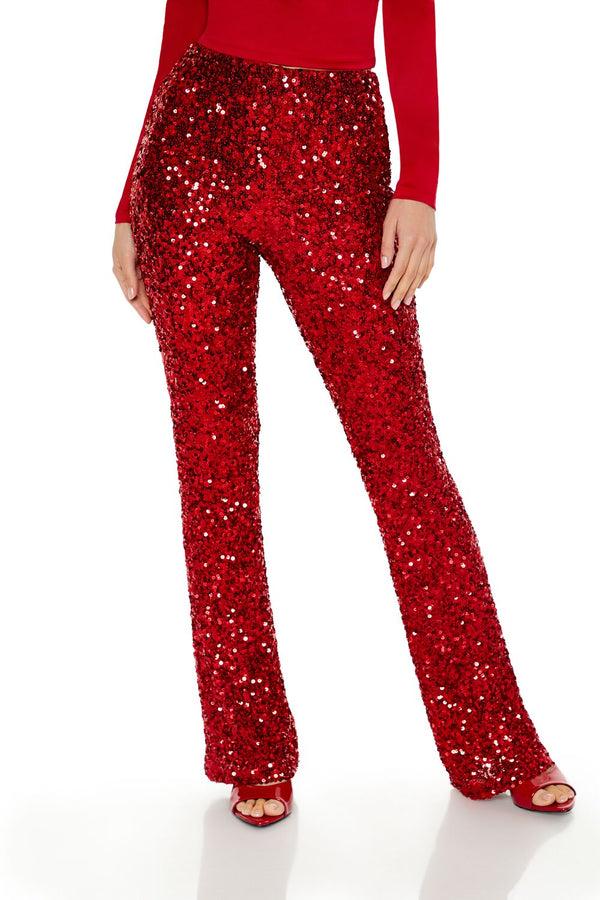 Forever21 Sequin Mid-Rise Flare Pants RED
