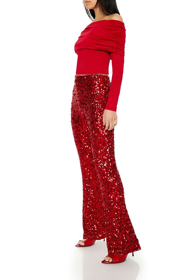 Forever21 Sequin Mid-Rise Flare Pants RED