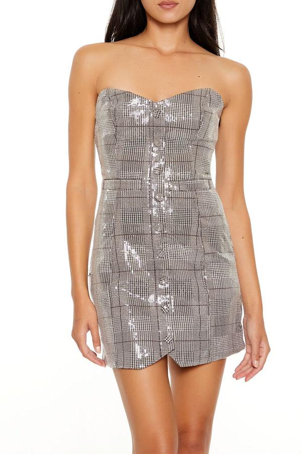 Forever21 Sequin Plaid Mini Tube Dress GREY/MULTI