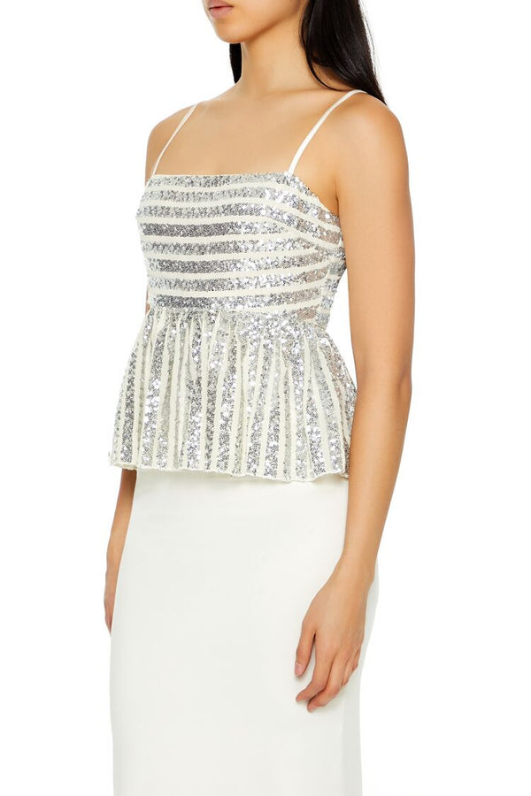 Forever21 Sequin Striped Peplum Cami SILVER/MULTI