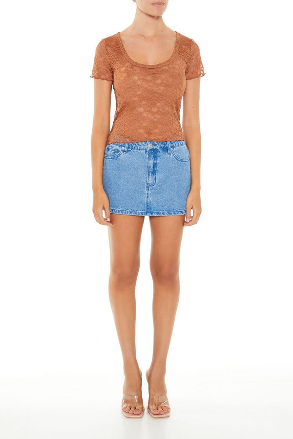 Forever21 Sheer Lace Lettuce-Edge Tee TOFFEE